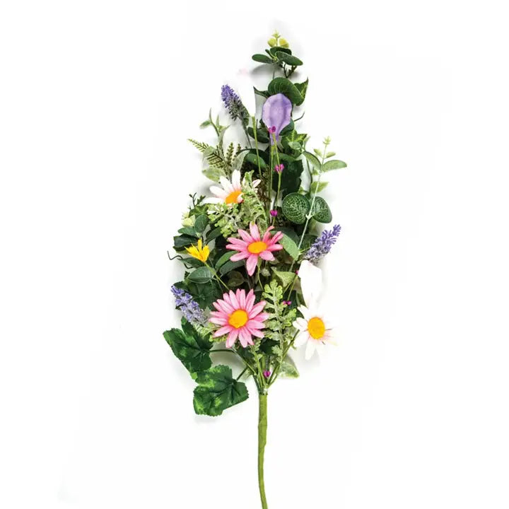 An artificial floral stem arrangement featuring pink and white daisies, purple lavender-like flowers, green foliage, and yellow accents, isolated on a white background.