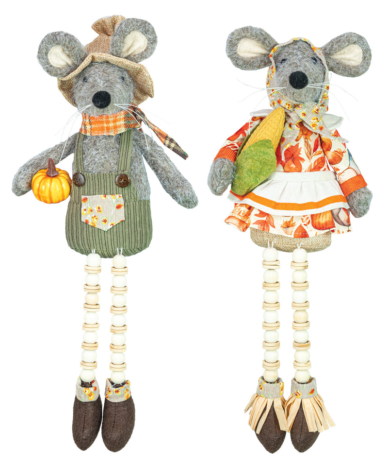 Two autumn-themed plush mouse ornaments on a white background. One mouse is dressed in green overalls with a plaid scarf and holds a small pumpkin.