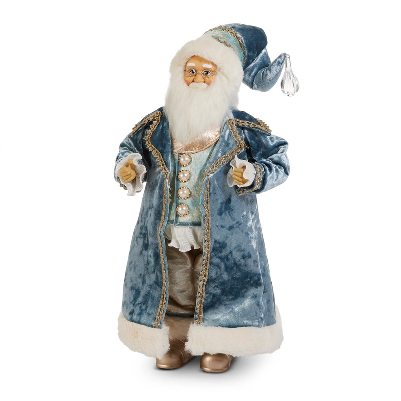 Decorative figure of a man in a blue coat with white fur trim on a white background