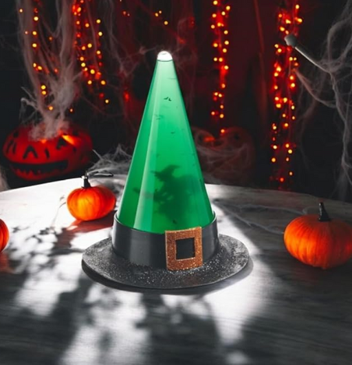 Halloween-themed green light-up cone with pumpkins and string lights in the background