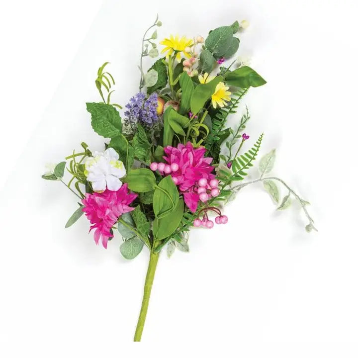 An artificial floral bouquet with green leaves, pink and yellow flowers, and a green stem, photographed on a plain white background.