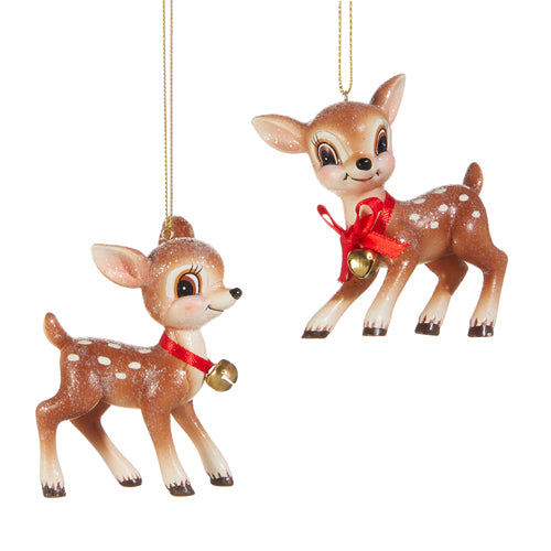Two resin deer ornaments with red bows and bells around their necks, one facing left and one facing right.
