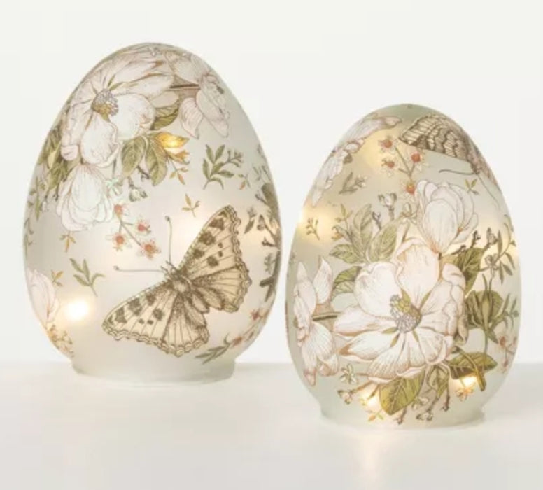 Glass Green Butterfly Lighted Egg Set of 2