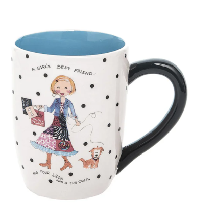 Mug with a design of a girl and dog, text 'A girl's best friend is four legs and a fur coat', on a white background.