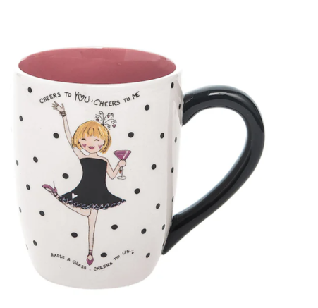Mug with a polka dot design and a illustration of a dancer holding a glass.
