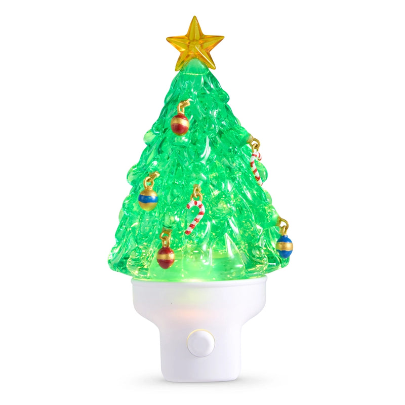 Decorative Christmas tree night light with colorful ornaments on a white background