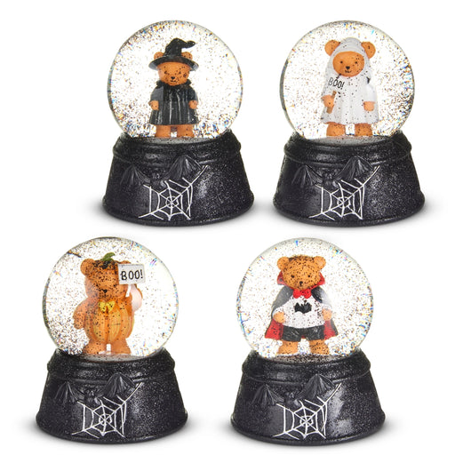 Four Halloween-themed teddy bear snow globes, glass with resin base. Sold Separately.