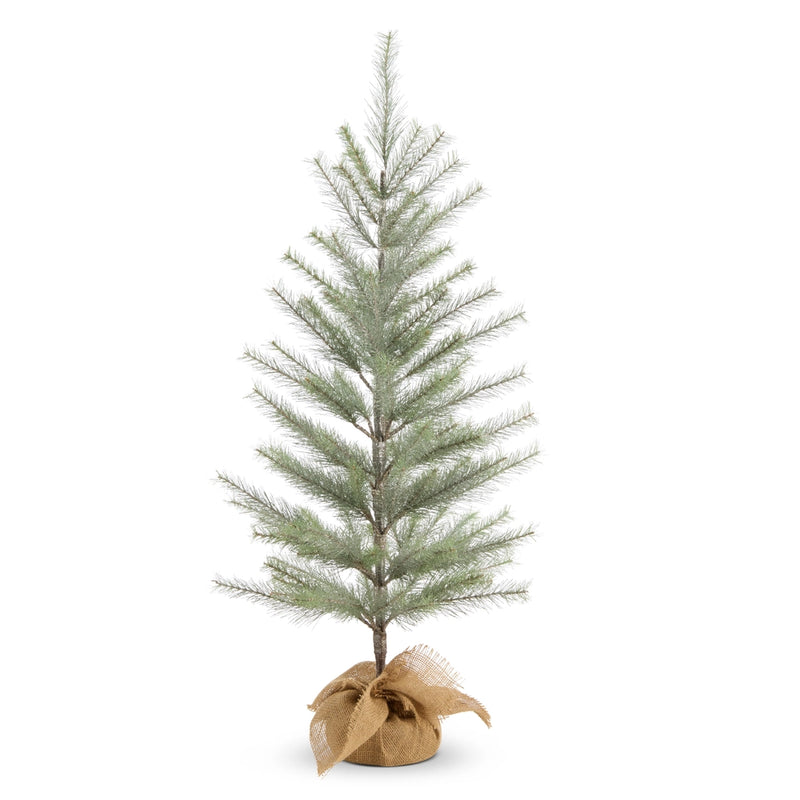 Potted Christmas tree with burlap wrapping on a white background