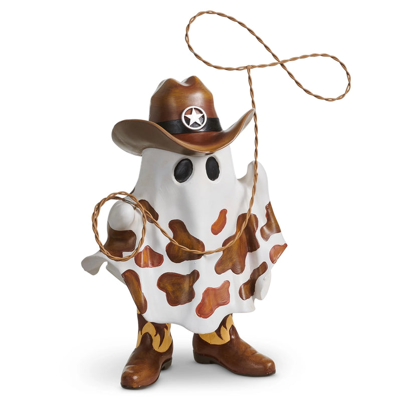 Decorative ghost figurine dressed as a cowboy with a star-patterned hat on a white background