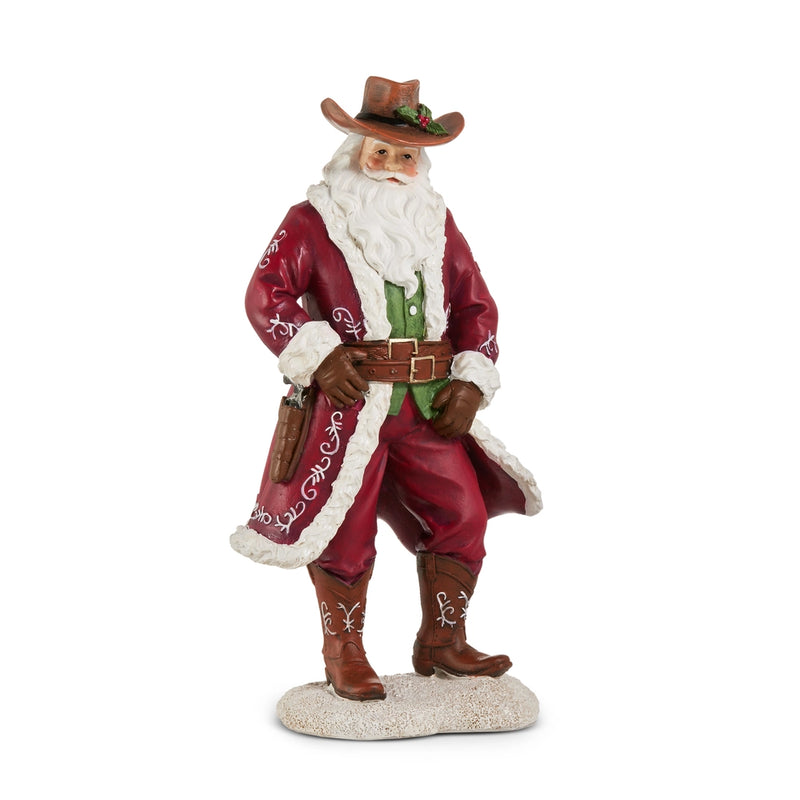 Cowboy Santa Claus figurine with a red coat and hat on a white background