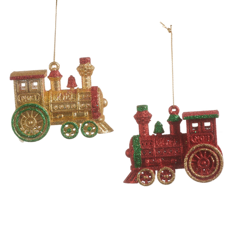 Two train-shaped Christmas ornaments, one gold and one red, on a white background.