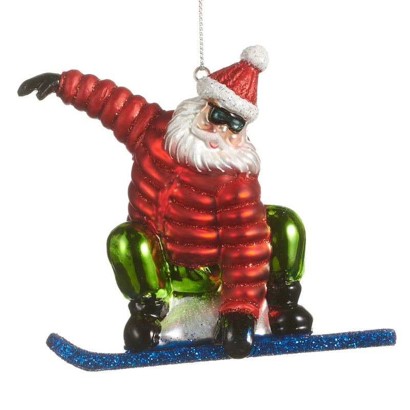 Decorative ornament of a Santa Claus skiing on a white background