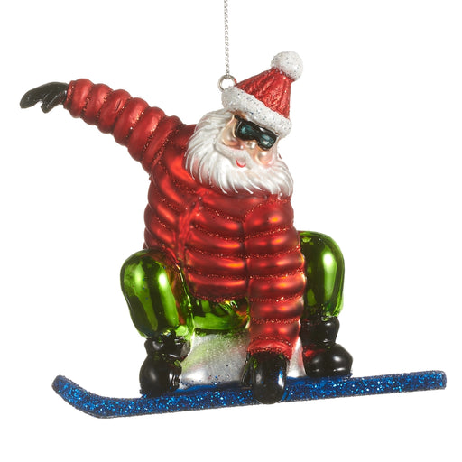 Decorative ornament of a Santa Claus skiing on a white background