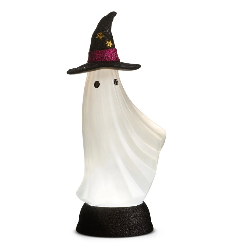 Ghost figurine wearing a witch hat on a white background