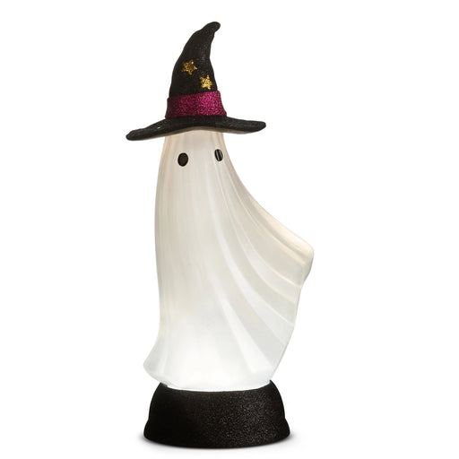 Ghost figurine wearing a witch hat on a white background
