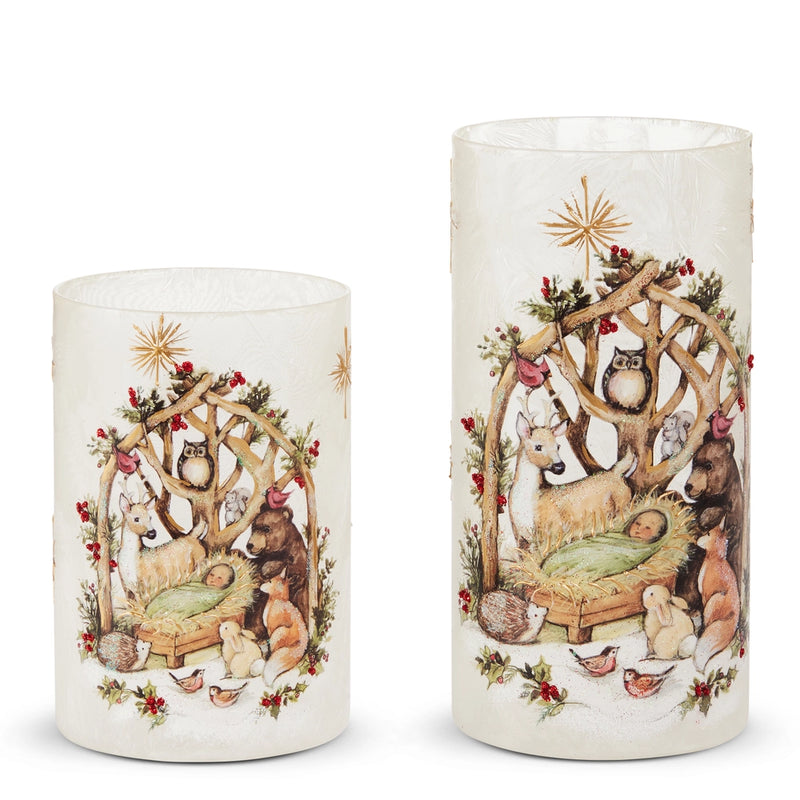 Two decorative candles with animal-themed illustrations on a white background