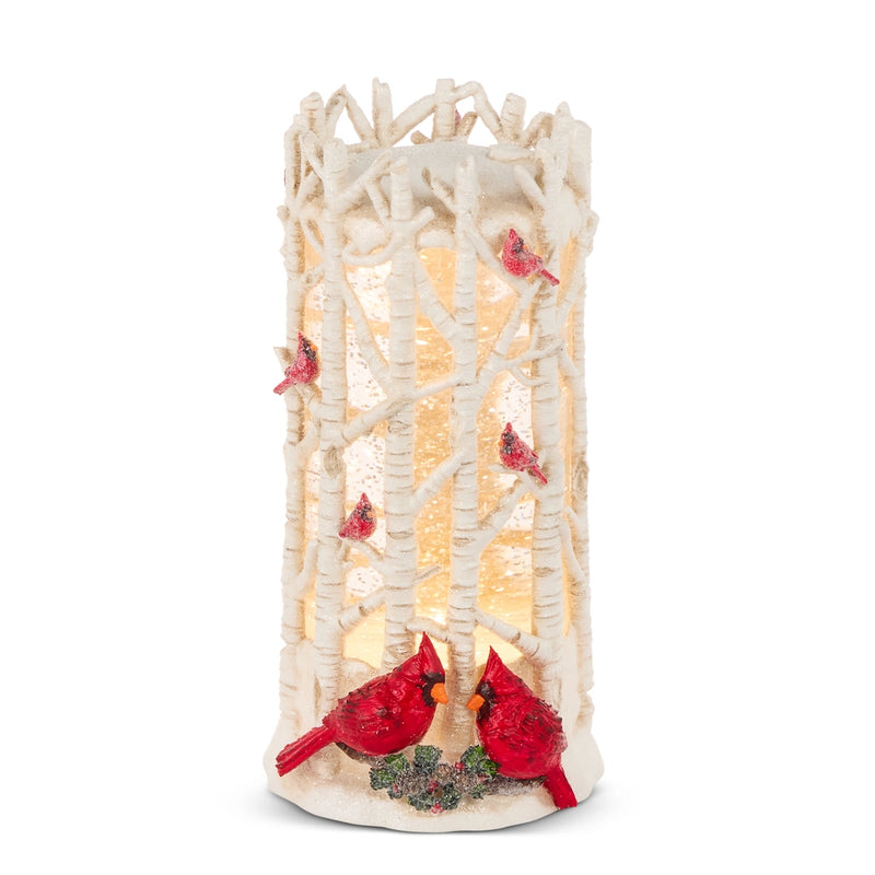 Decorative lamp with red cardinals on a white background