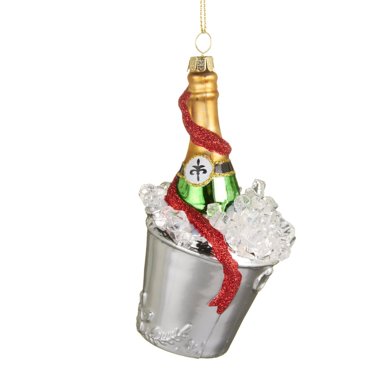 Decorative ornament of a bottle in a bucket with ice on a white background