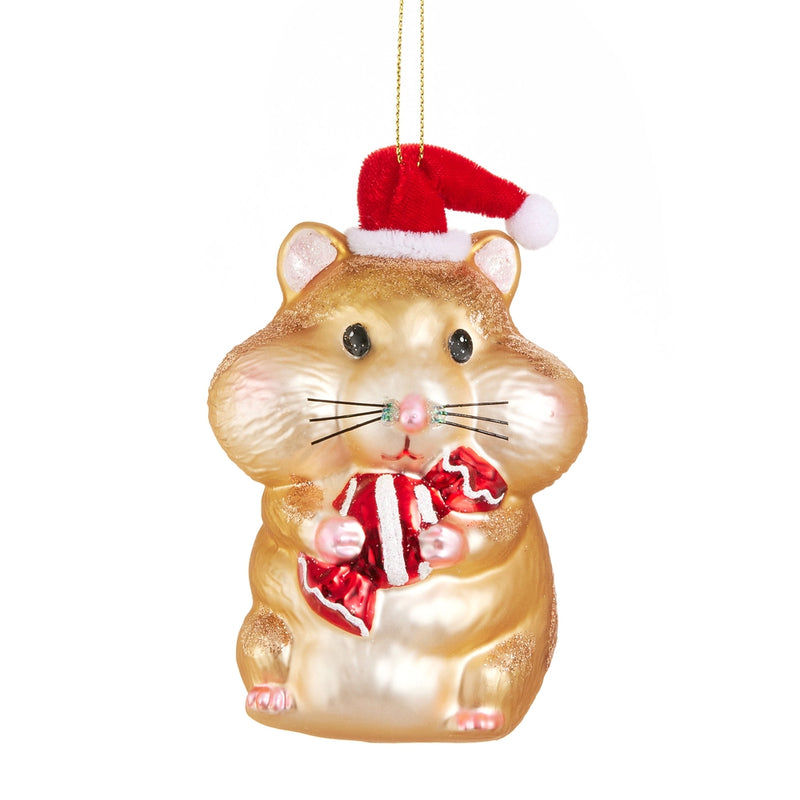 Hamster ornament wearing a Santa hat and holding a candy cane on a white background