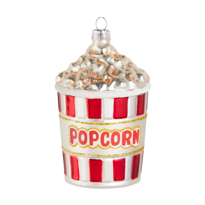 Decorative popcorn bucket ornament with red and white stripes and 'Popcorn' text on a white background.