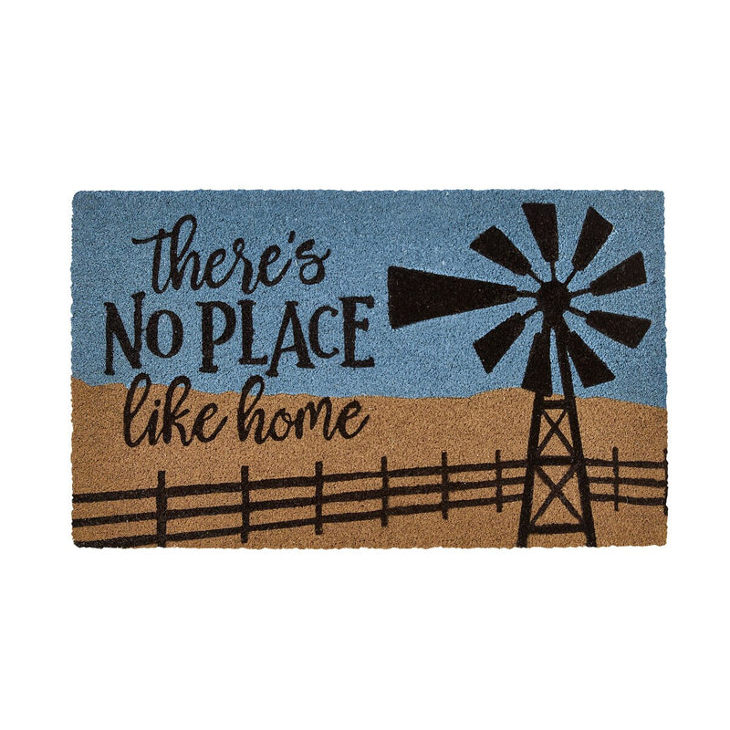 Doormat with windmill design and 'There's No Place Like Home' text on a blue and brown background