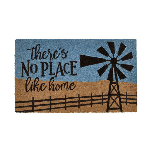 Doormat with windmill design and 'There's No Place Like Home' text on a blue and brown background