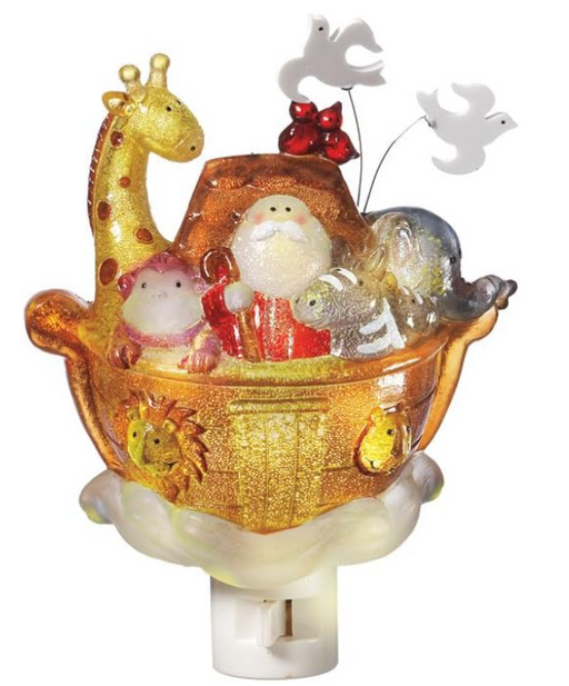 Decorative night light shaped like a miniature Noah's Ark with animals on a white background