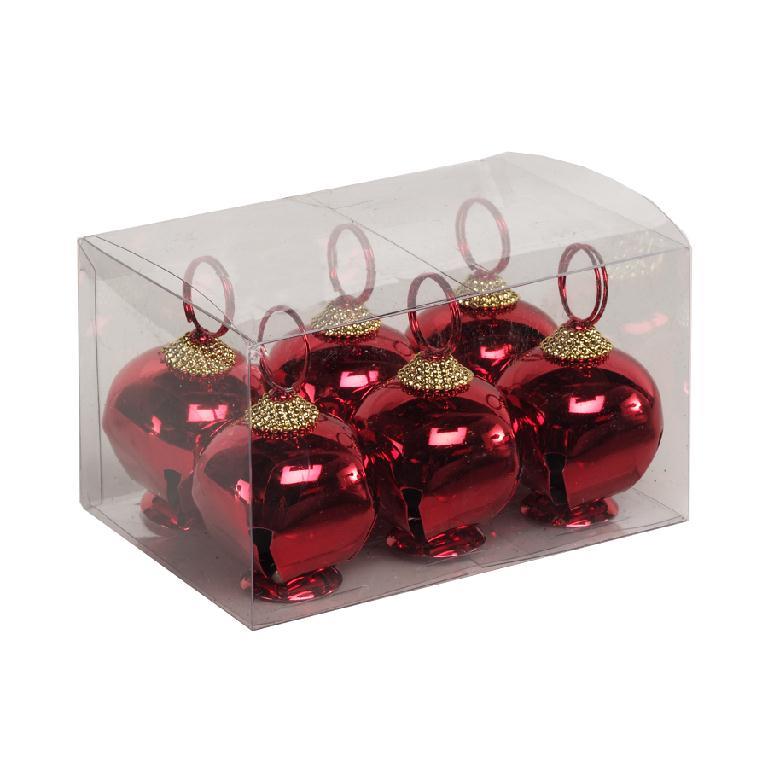 Set of red Christmas ornaments with gold tops in a clear box on a white background