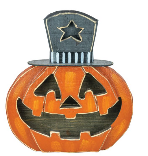 Pumpkin with jack-o'-lantern face and top hat on a white background