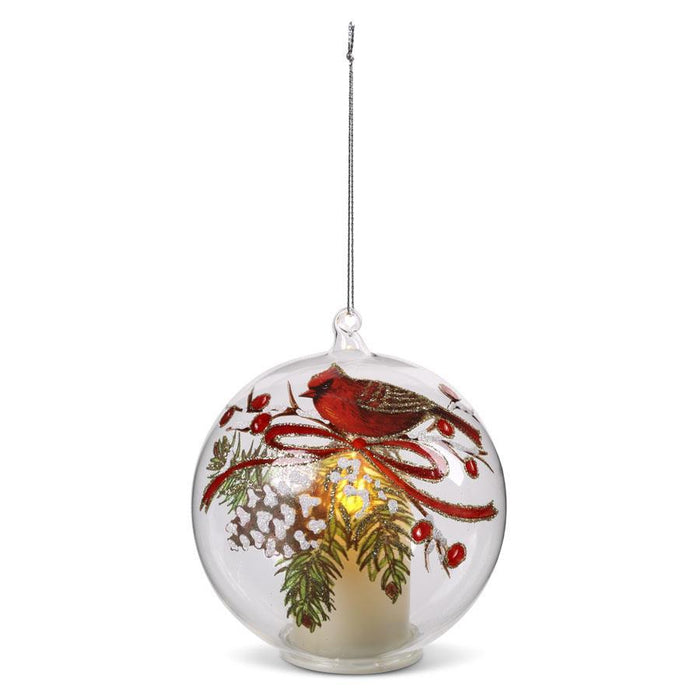 Clear Glass Cardinal & Pinecone LED Ornament