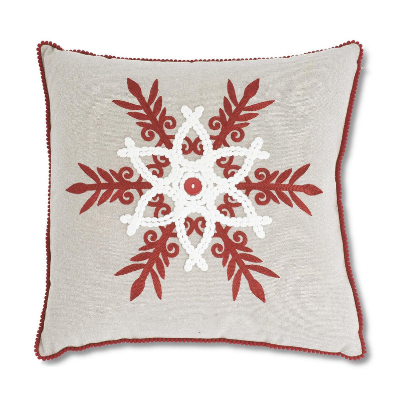 Linen Square Pillow with Red & White Snowflake