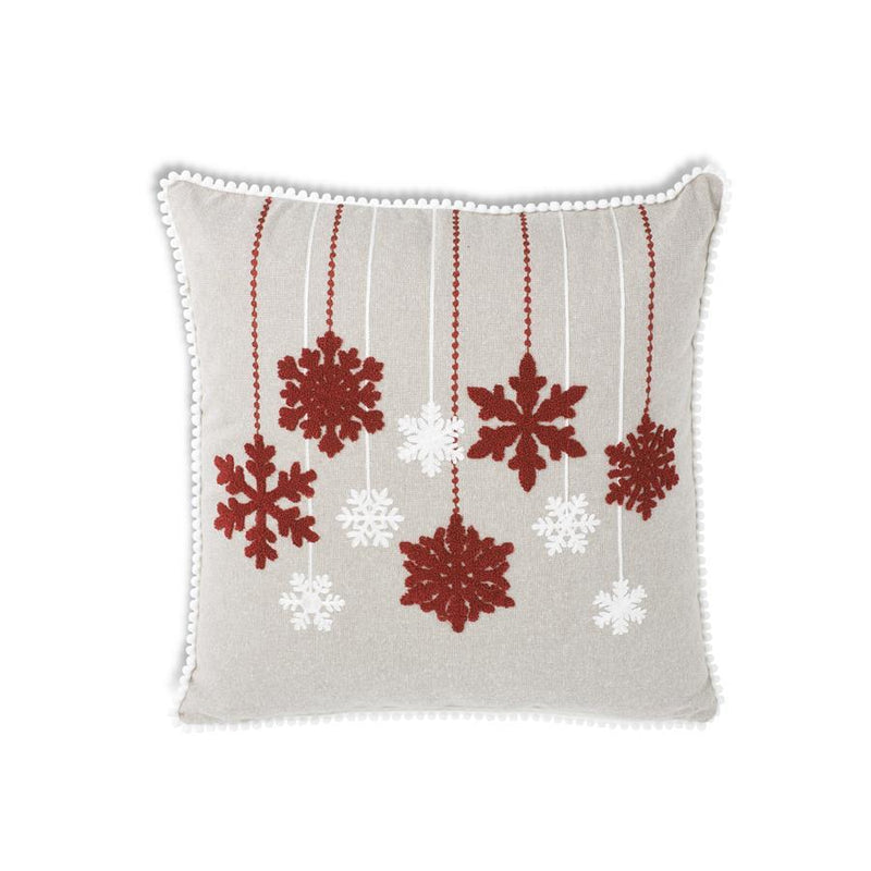 Linen Square Pillow with Red & White Hanging Snowflakes