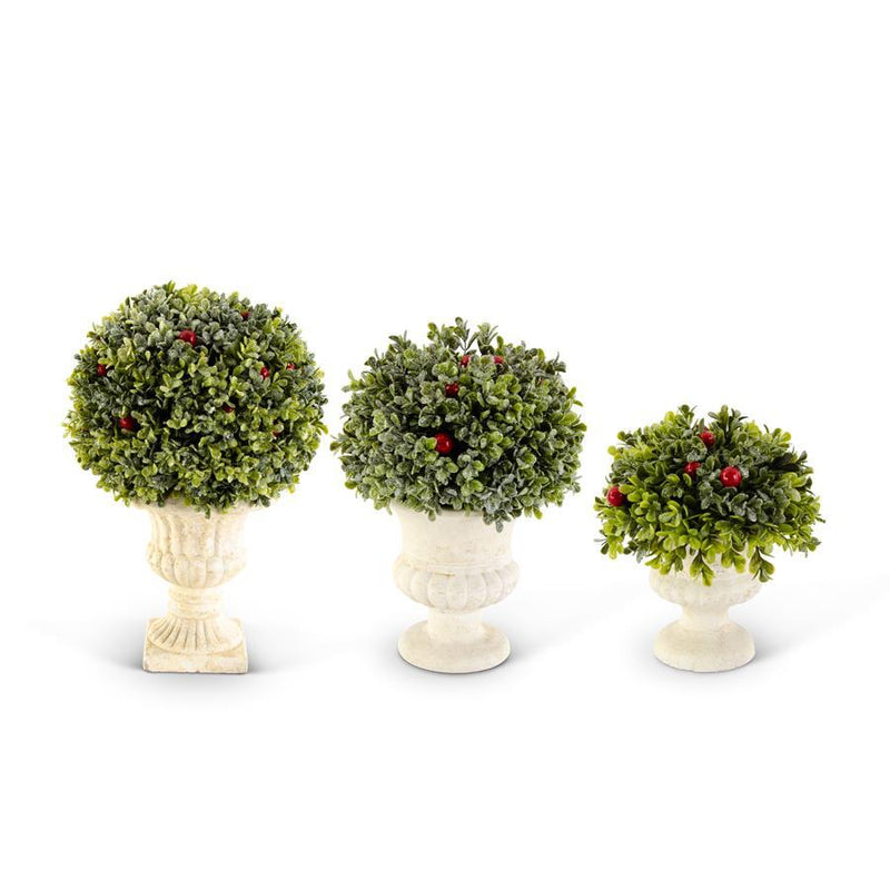 Glittered Mistletoe Topiaries with Red Berries in Pedestal Urn