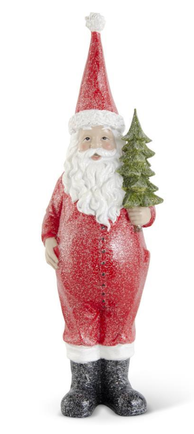 Decorative Santa Claus figure holding a small tree on a white background
