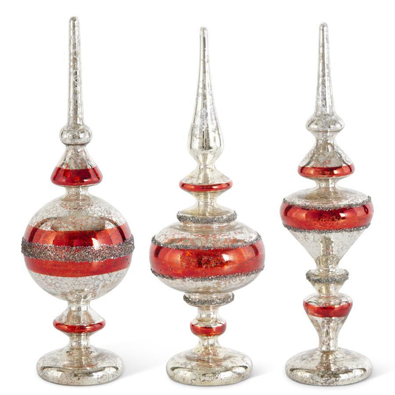 Silver Mercury Glass Finial Trees with Red Stripe Set