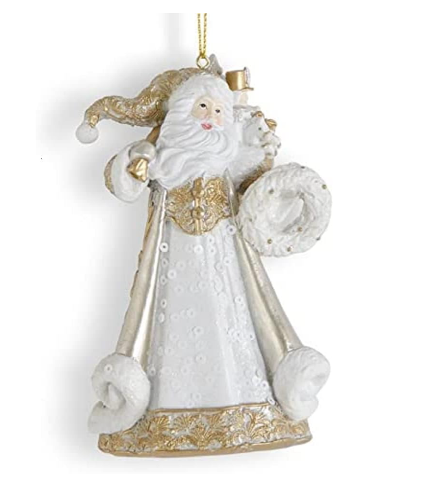 Decorative Christmas ornament of a Santa Claus figure in white and gold attire on a white background