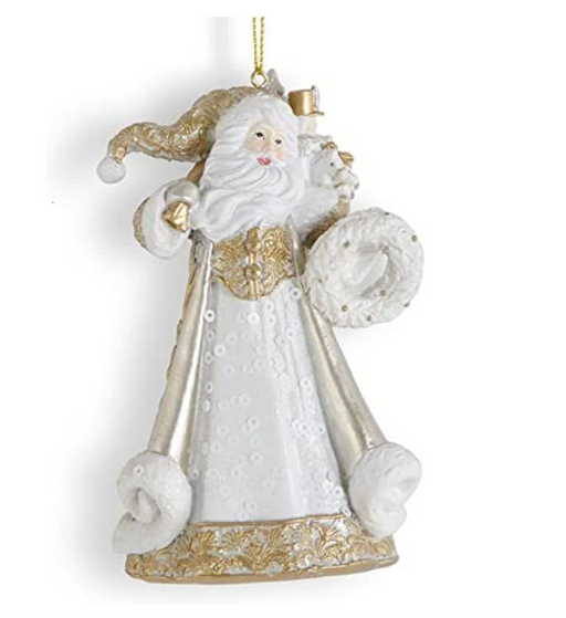 Decorative Christmas ornament of a Santa Claus figure in white and gold attire on a white background