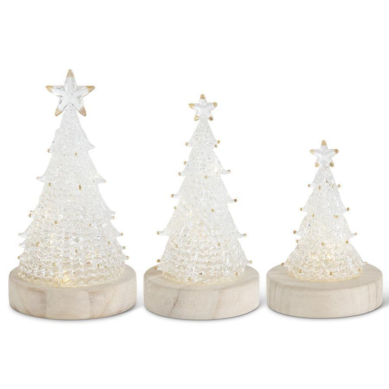 A set of three handcrafted spun glass LED Christmas trees with a white and gold color scheme, varying in sizes, displayed on a neutral background.