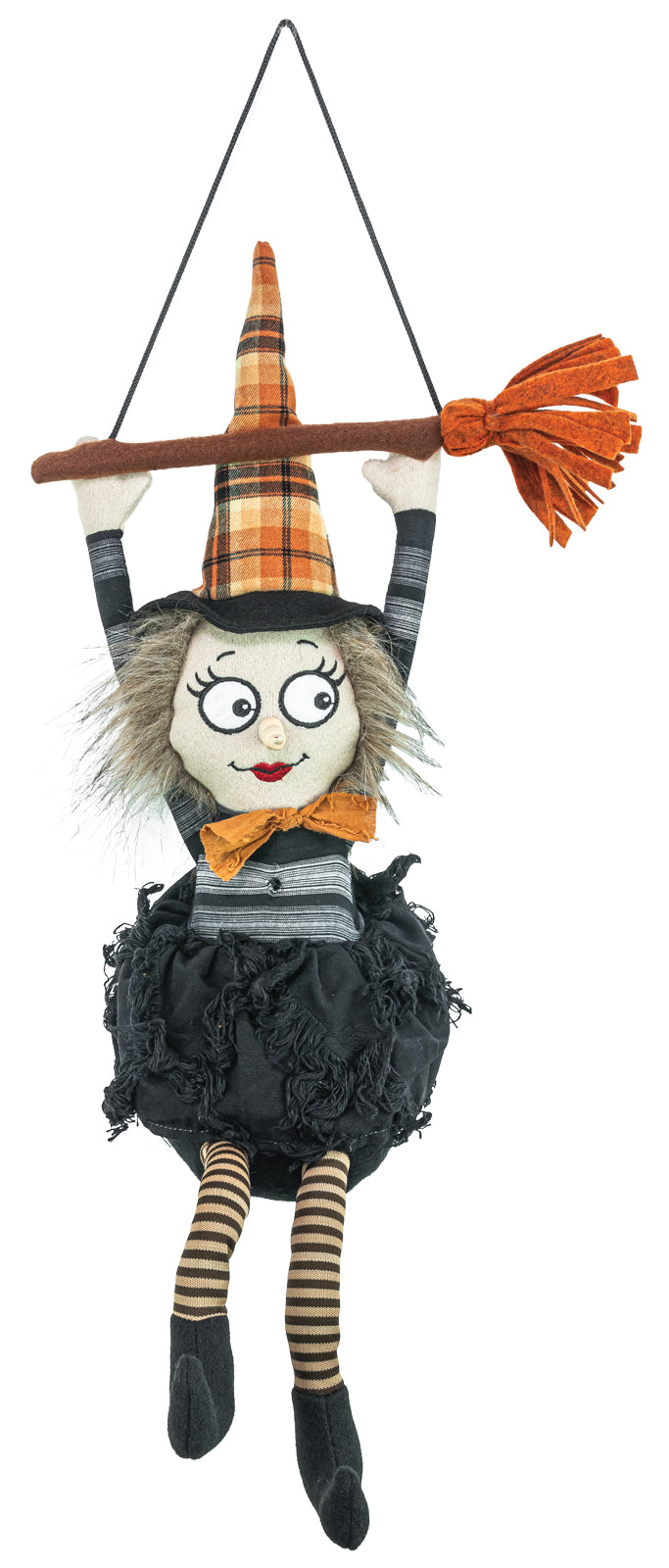 A hanging Halloween witch doll with a plaid orange and black hat, striped black and gray outfit, striped legs, and a broom attached to her hand, shown on a plain white background.