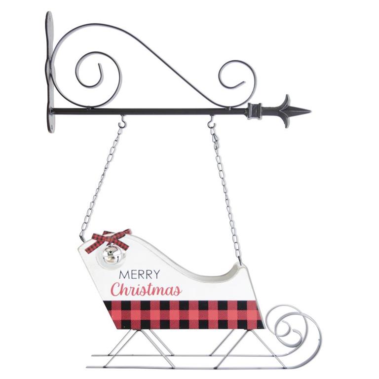 Decorative Christmas sleigh with plaid design and 'Merry Christmas' text on a white background.