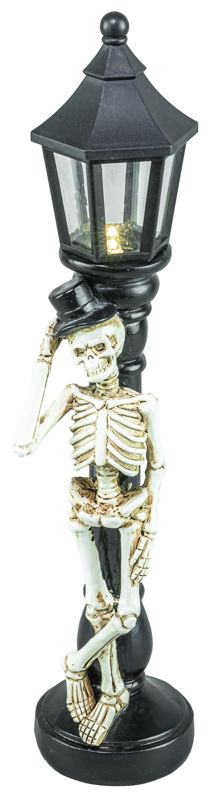 A decorative figurine of a skeleton posing as a lamp post with a lantern on top, primarily black in color, intended for Halloween decoration.