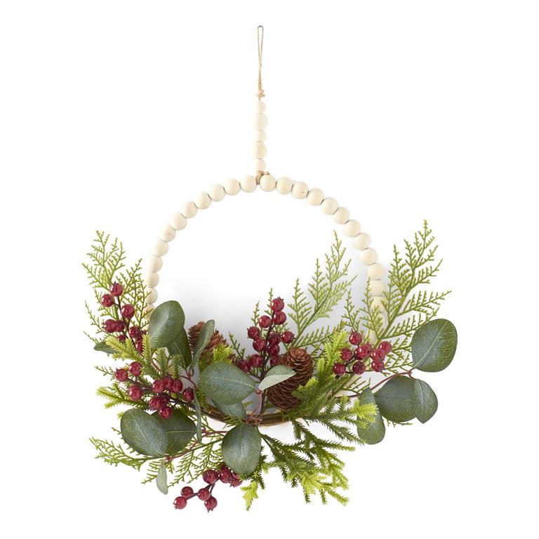 Eucalyptus Pine and Red Berry Bead Wreath - 16"