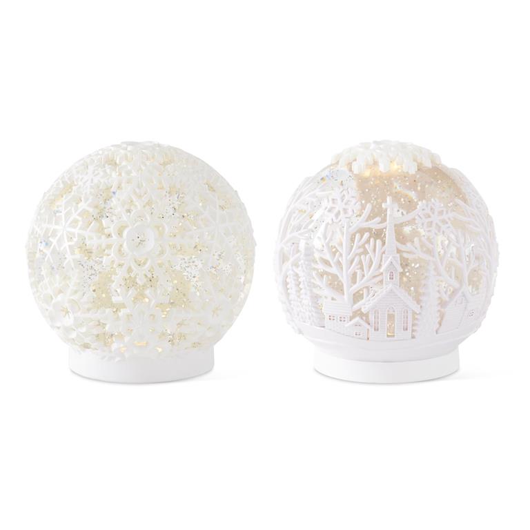Two white spherical decorative lights with intricate cut-out designs on a white background