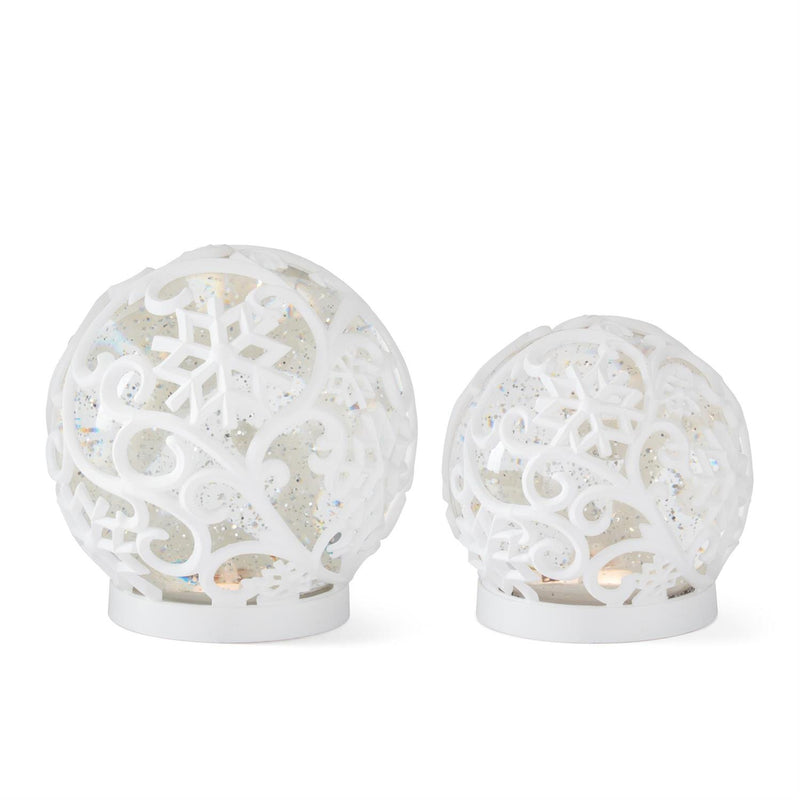 White Scrolled Snowflake Water Spinning Globes