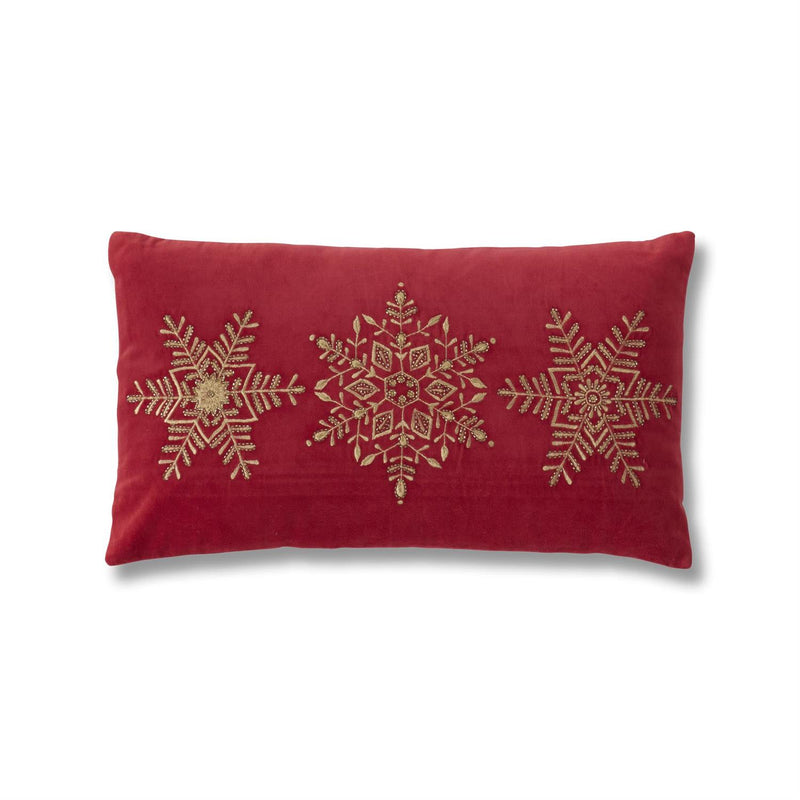Gold Embroidered & Beaded Snowflake Red Pillow