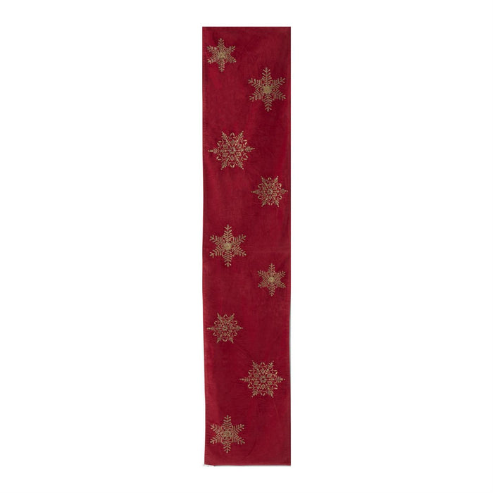 Gold Embroidered & Beaded Snowflake Red Table Runner - 72"