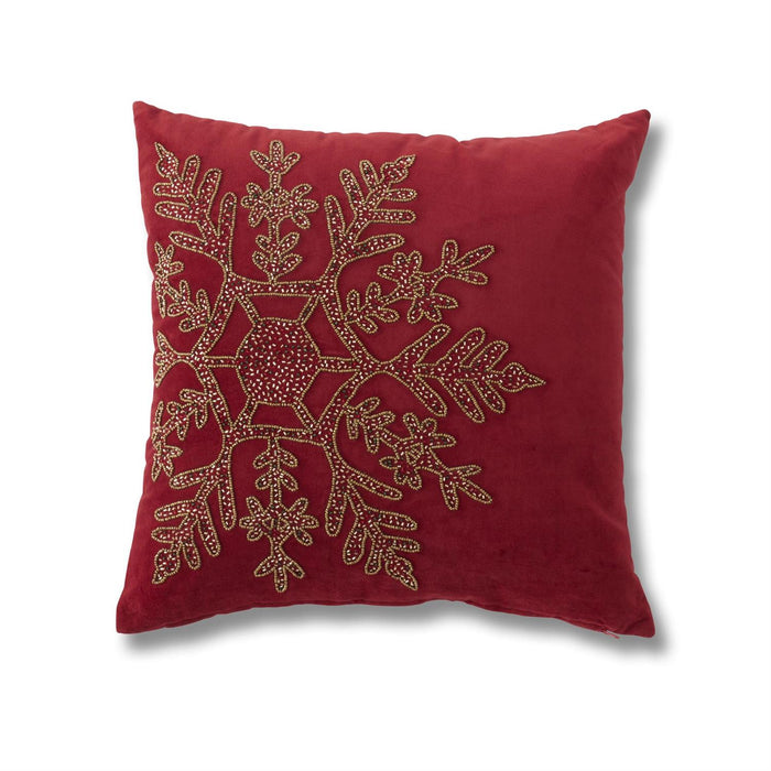 Red Gold Beaded Snowflake Square Pillow