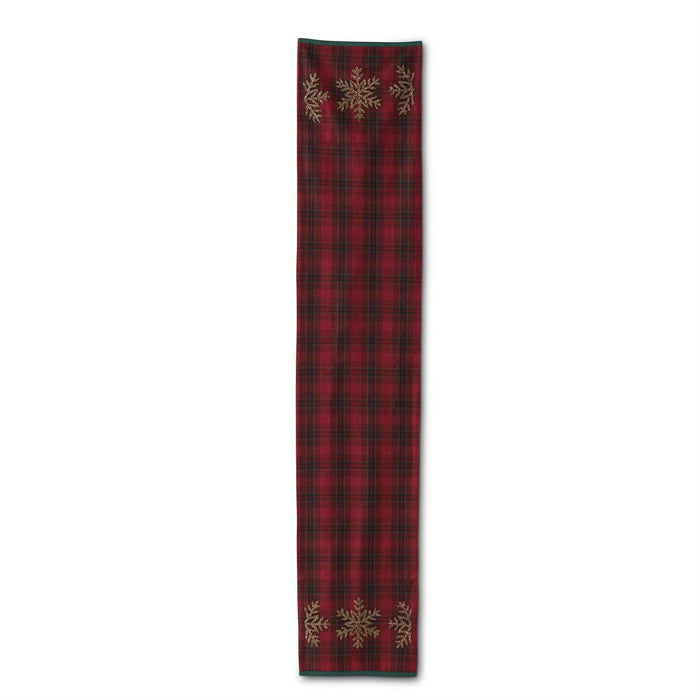 Gold Beaded Snowflake Holiday Plaid Table Runner - 72"