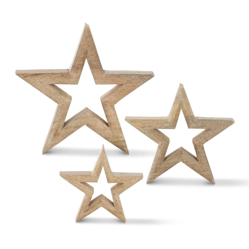 A set of three wooden stars with cutout centers, in varying sizes, against a white background.
