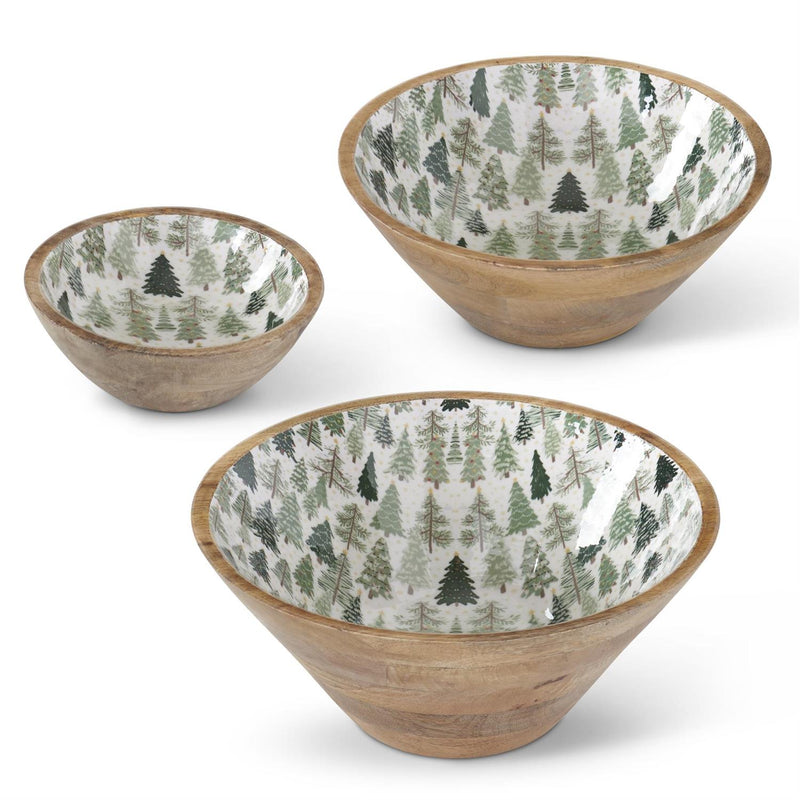 Wood Bowls with Christmas Trees Enameled Interiors